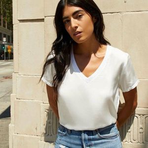 Nation Ltd June Sateen V-neck T-shirt Shortsleeve Silky Relaxed Fit White NWT